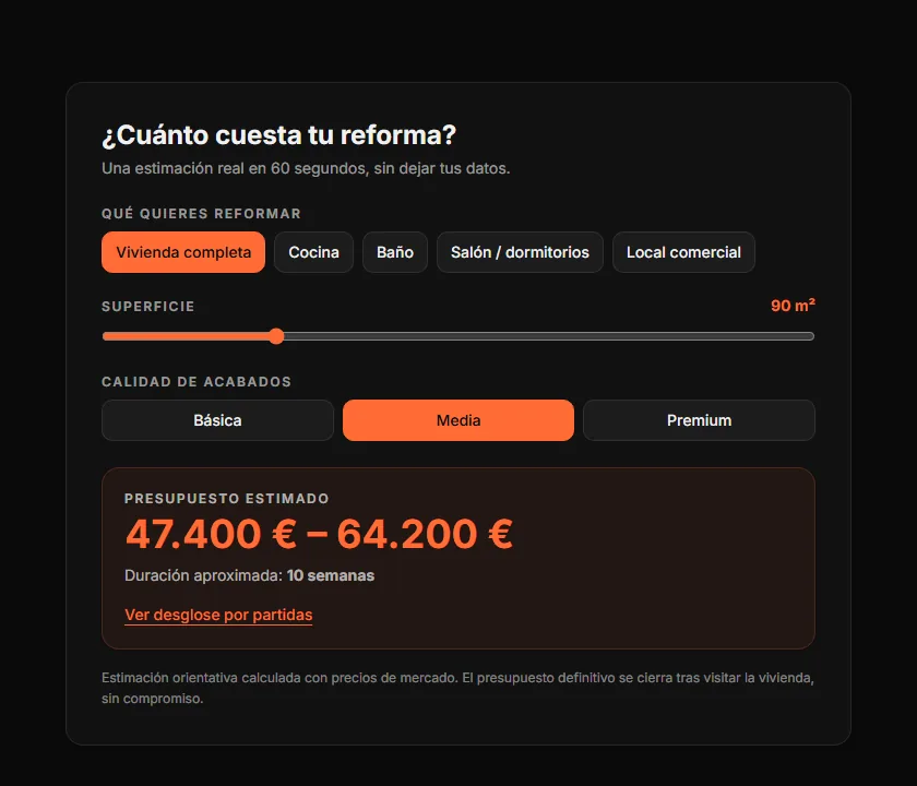 Estimador de presupuesto de la demo Nova Reformas con una horquilla de precio