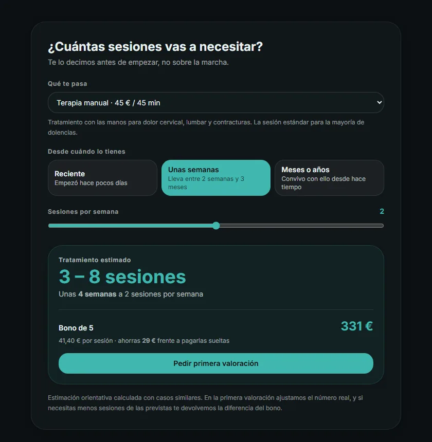 Calculadora de sesiones de la demo Clínica Ardanza con una estimación de 3 a 8 sesiones