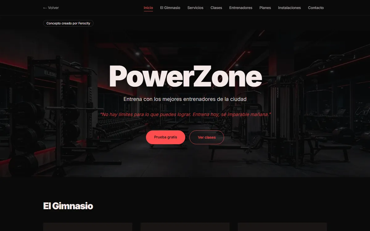 Captura de la web de demostración PowerZone (gimnasio)