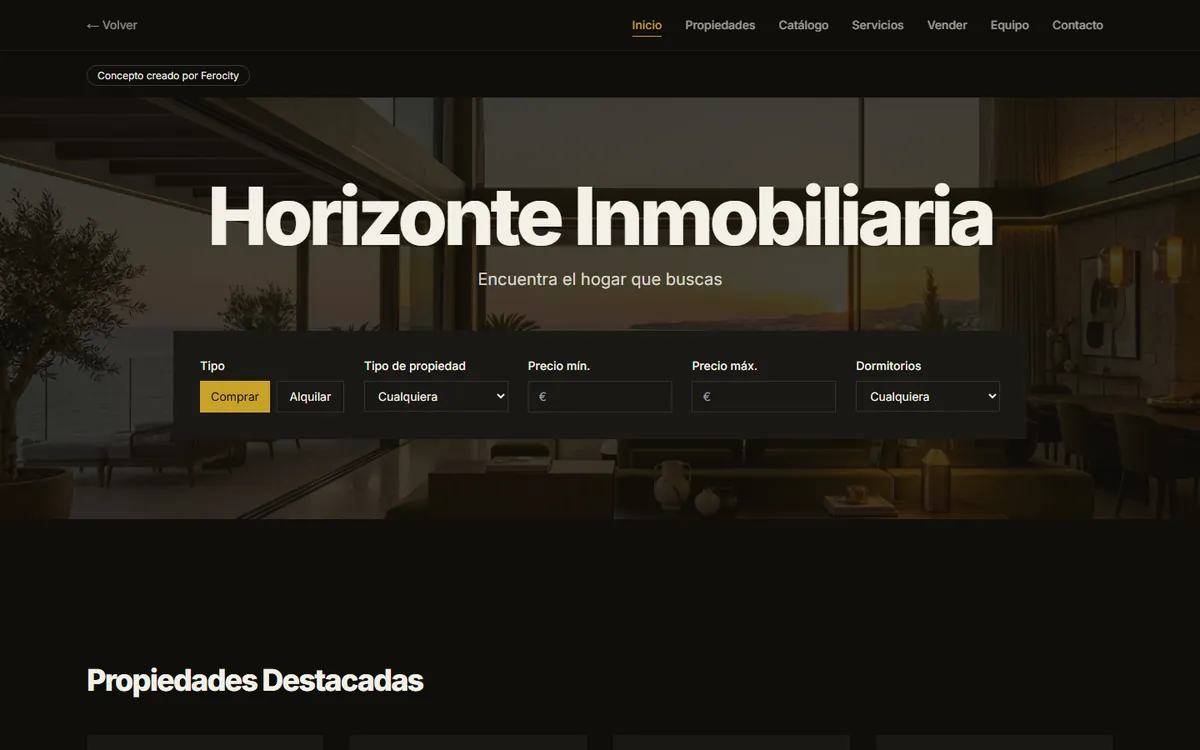 Captura de la web de demostración Horizonte Inmobiliaria (inmobiliaria)