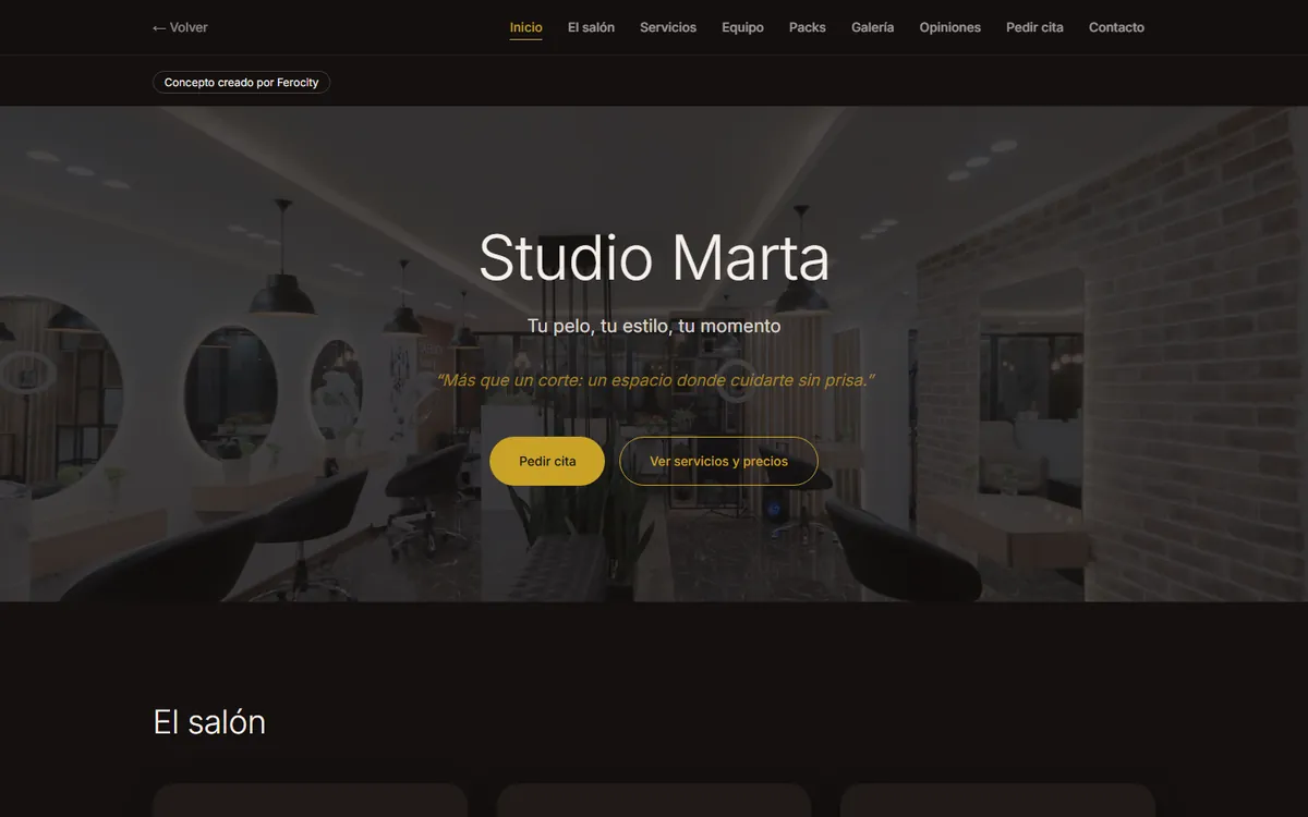 Captura de la web de demostración Studio Marta (peluquería)