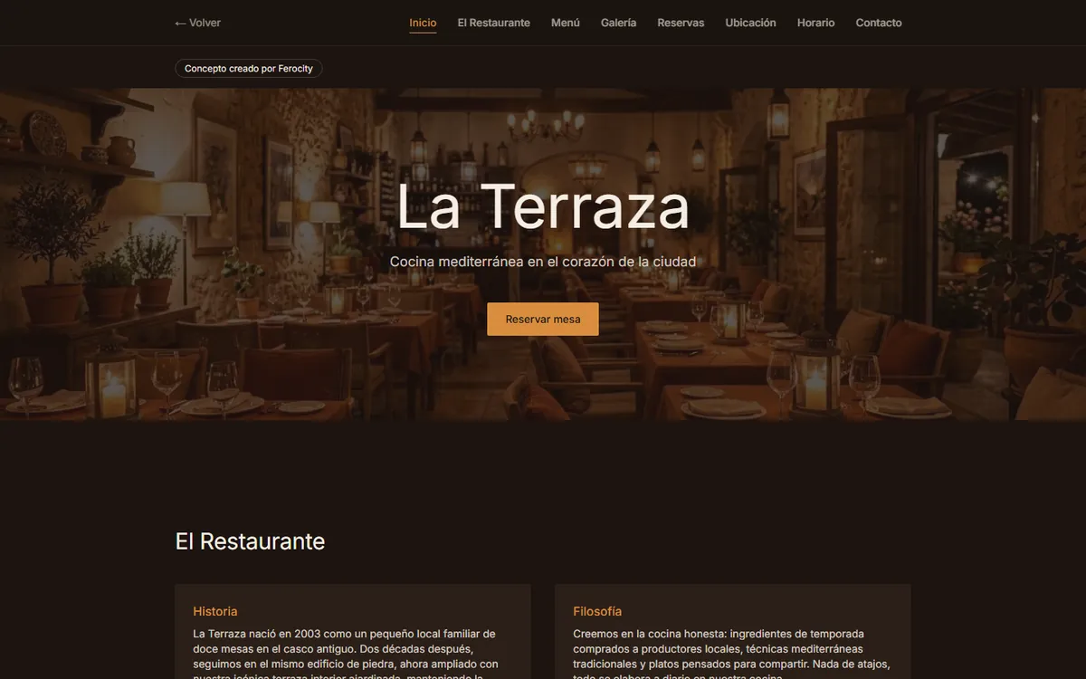 Web del restaurante La Terraza, diseñada por Ferocity, vista en un ordenador